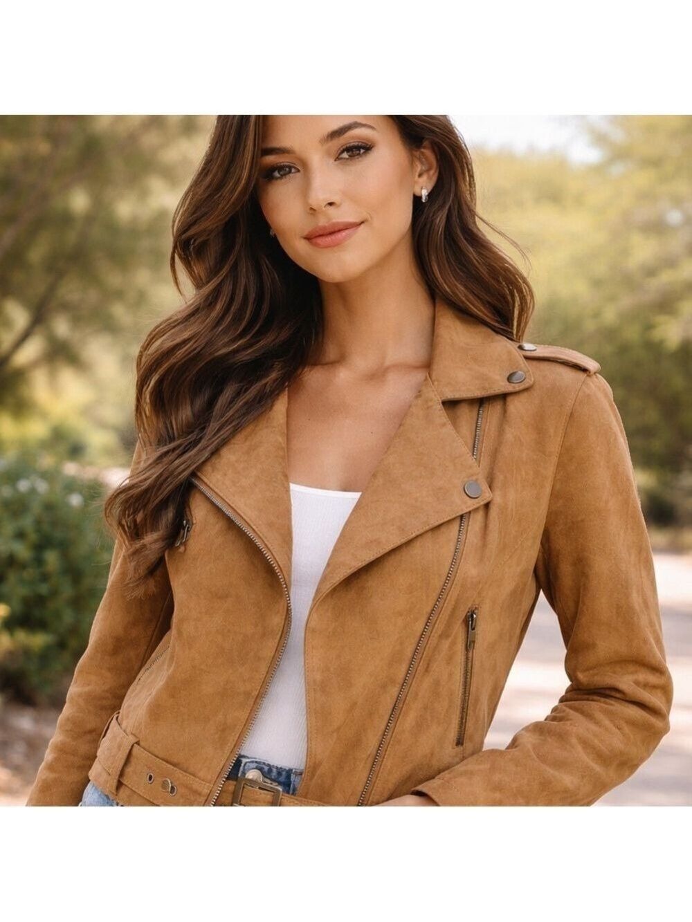 NWOT Forever 21 Camel Faux Suede Moto Jacket Belted Biker Jacket Size S